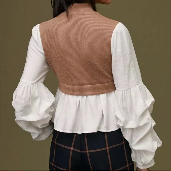 Anthropologie Tan and White Layered Top - Picture 2 of 6